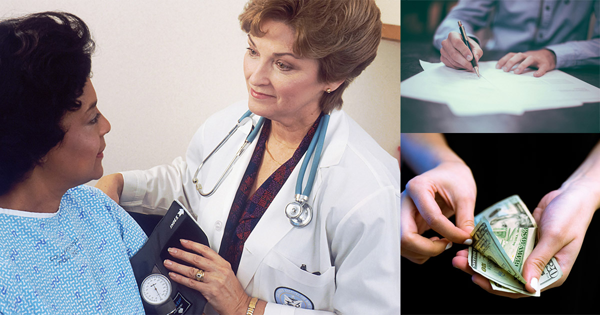 triptych: doctor and patient in medical exam, completing forms, hands holding and counting cash