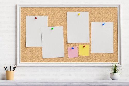 bulletin board with several blank sheets of paper pinned.